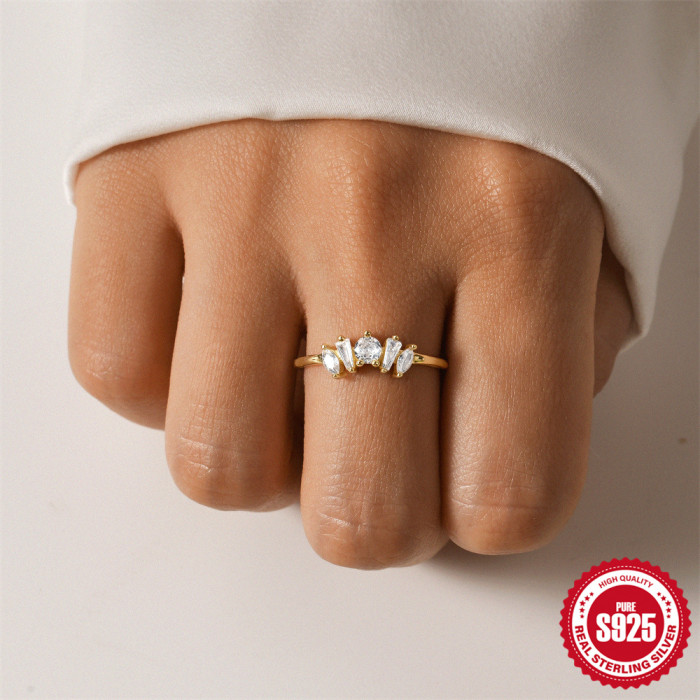 New S925 Sterling Silver Ring Korean and Japanese Light Luxury Niche Design Geometric Zircon Ring Fashion Open Index Finger Ring