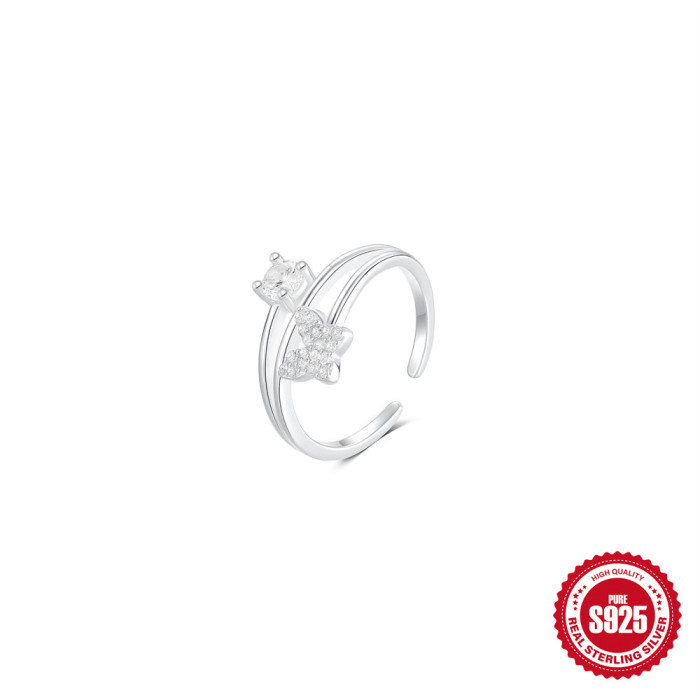 S925 Sterling Silver Moon Double Layer Butterfly Horse Eye Inlaid Diamond Star Open Ring Korean and Japanese Niche Design Index Finger Ring