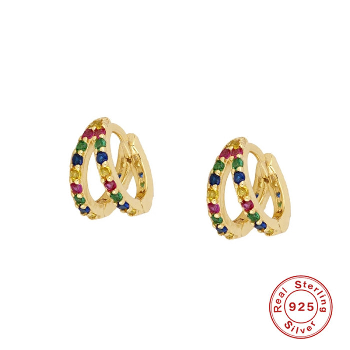 S925 Sterling Silver Double Layer Colorful Inlaid Diamond Hoop Earrings European and American Cross-Border Bestselling INS Light Luxury Elegant Earrings