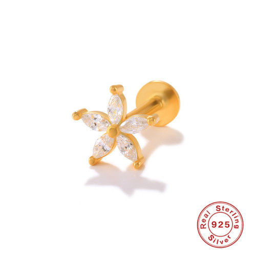 S925 Sterling Silver INS Petal Inlaid Diamond Threaded Piercing Cartilage Earrings TikTok Hot-Selling Personality Body Piercing Ear Jewelry