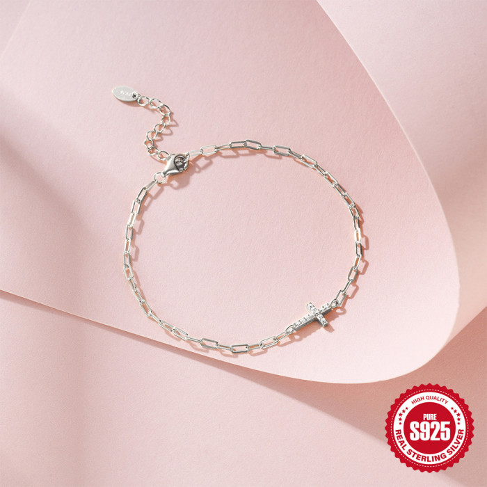 New S925 Sterling Silver Paperclip Zircon Cross Bracelet Korean Style Hot-Selling Niche Design Inlaid Diamond Light Luxury Jewelry