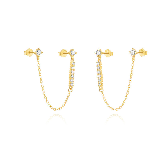 S925 Sterling Silver Geometric Double Wear Tassel Exquisite Diamond-Studded Versatile Earrings Studs Cross-Border Hot-Selling Personality Commuting Ear Jewelry