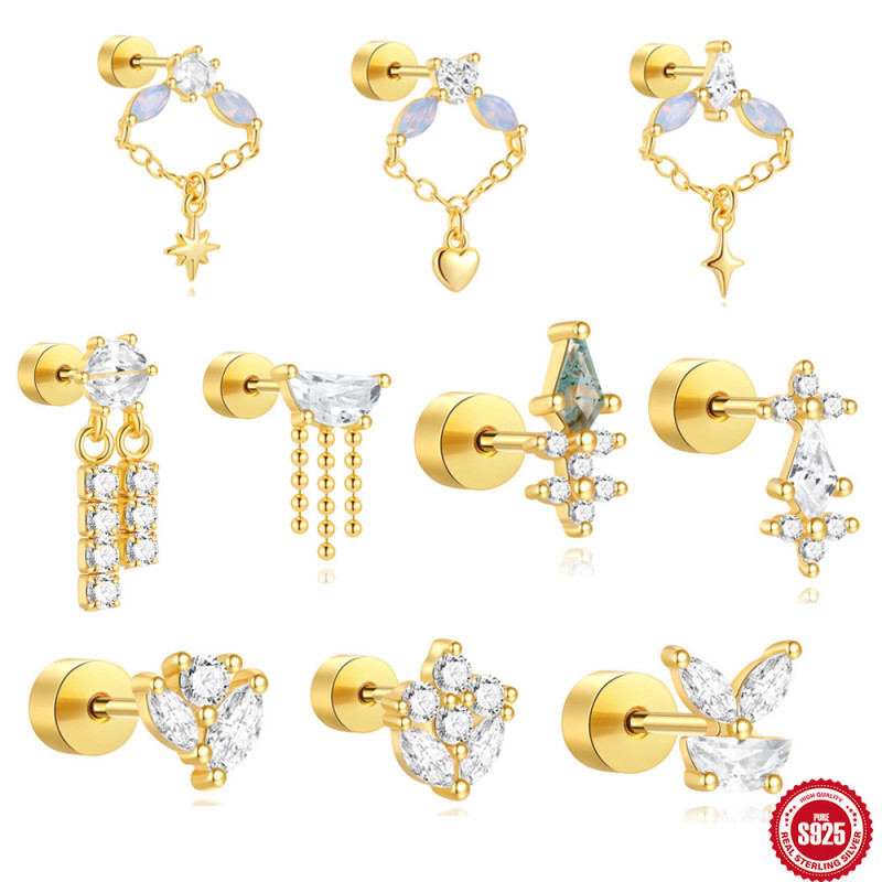 S925 Sterling Silver Opal Tassel Heart Cylinder Flat Head Threaded Piercing Ear Bone Stud with Diamond Inlay Elegant Personality Ear Jewelry