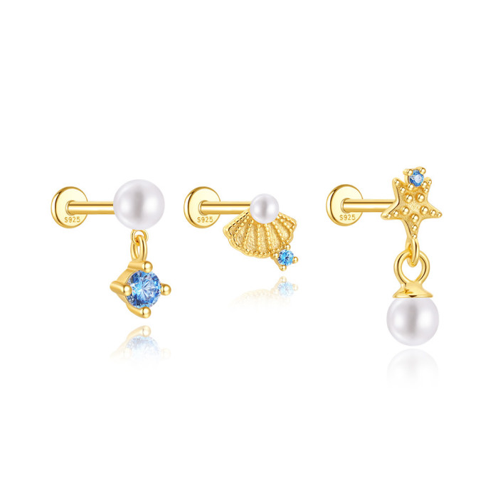 S925 Sterling Silver Ocean Shell Starfish Pearl Flat Head Threaded Piercing Ear Bone Stud Korean Style Niche Earrings Set for Women