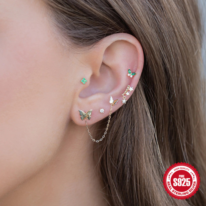 S925 Sterling Silver Large and Small Butterfly Chain Tassel Earrings Korean Style Hot-Selling Elegant INS Smooth Minimalist Earrings