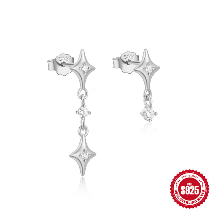 S925 Sterling Silver Irregular Long and Short Tassel Four-Pointed Star Earrings European and American Cross-Border Hot-Selling Demon Eye Ear Jewelry