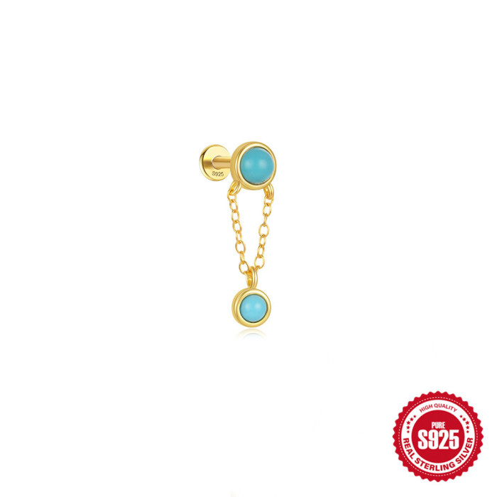 New S925 Sterling Silver Tassel Chain Inlaid Diamond Piercing Threaded Ear Bone Stud European and American Hot-Selling Heart Turquoise Ear Jewelry