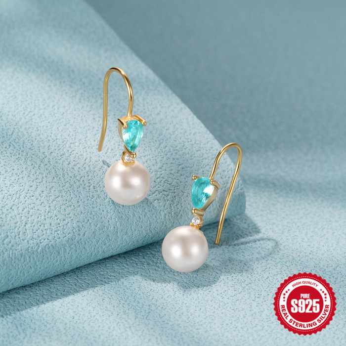 925 Sterling Silver Diamond-Encrusted Pearl Earrings Ear Hooks Earrings European and American Hot Selling Light Luxury Temperament Water Drop Design Zircon Earrings
