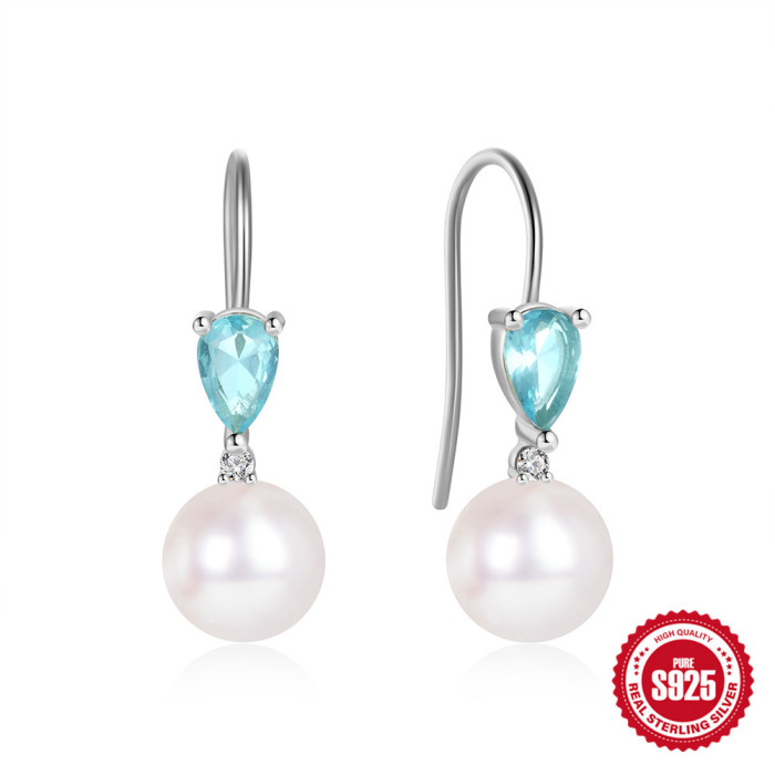 925 Sterling Silver Diamond-Encrusted Pearl Earrings Ear Hooks Earrings European and American Hot Selling Light Luxury Temperament Water Drop Design Zircon Earrings