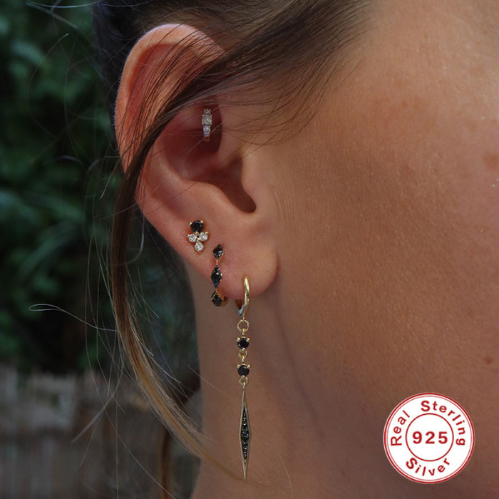 S925 Sterling Silver Rhombus Inlaid Diamond Hoop Earrings Color-Block Enamel Oil Drop Earrings European and American Style Personality Trendy INS Earrings