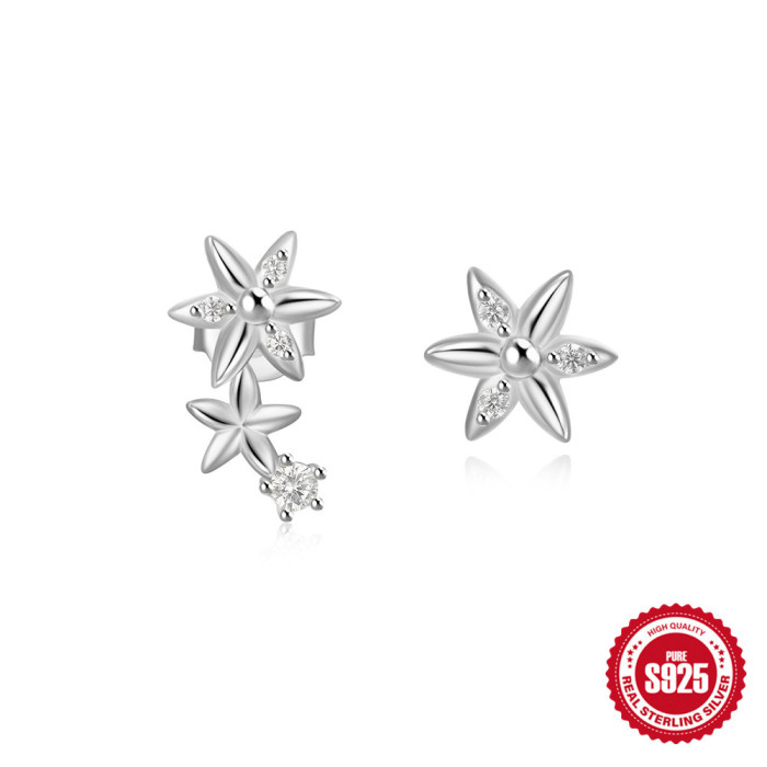 New 925 Sterling Silver Eight-Pointed Star Moon Flower Inlaid Diamond Asymmetric Stud Earrings European and American Summer Hot-Selling Earrings