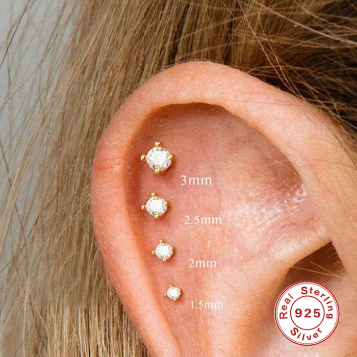 S925 Sterling Silver INS Simple Four-Prong Diamond Piercing Stud Earrings European and American Hot-Selling Flat Head Threaded Piercing Cartilage Earrings