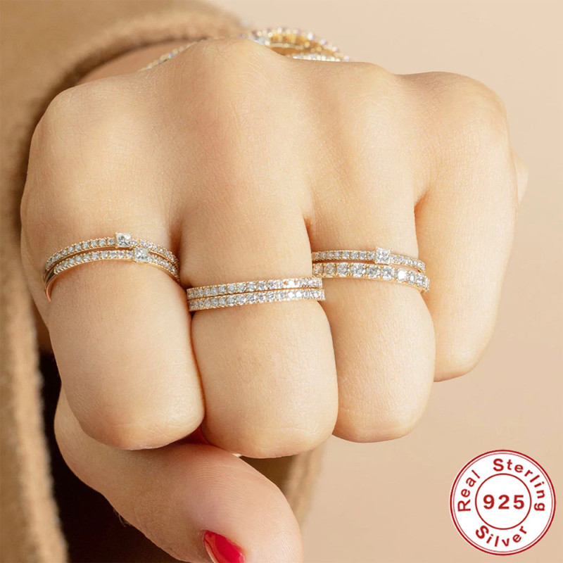 S925 Sterling Silver Single Row Diamond Ins Women's Wedding Ring Gift European and American Light Luxury Elegant Personality High-end Ring