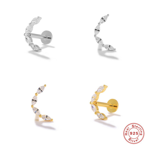 S925 Sterling Silver Horse Eye Diamond Stud Earrings Piercing Jewelry European and American Trendy Creative Flat Head Threaded Piercing Cartilage Stud Earrings