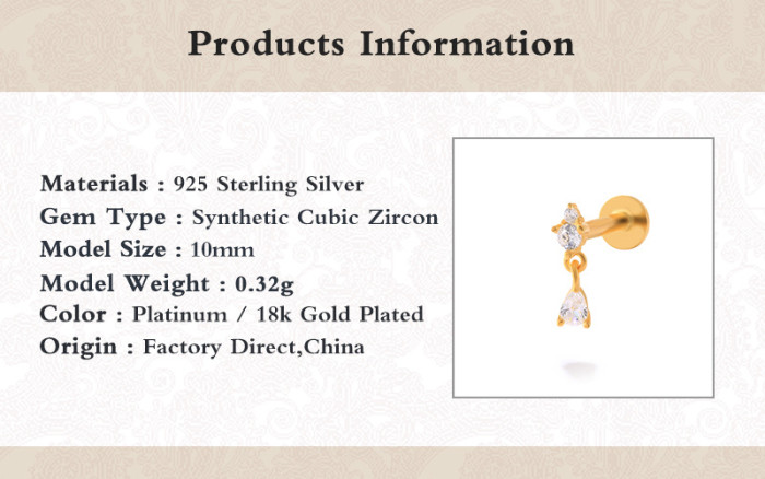 S925 Sterling Silver Personality Water Drop Inlaid Diamond Light Luxury Piercing Ear Jewelry Japanese and Korean INS Style Threaded Piercing Cartilage Earrings