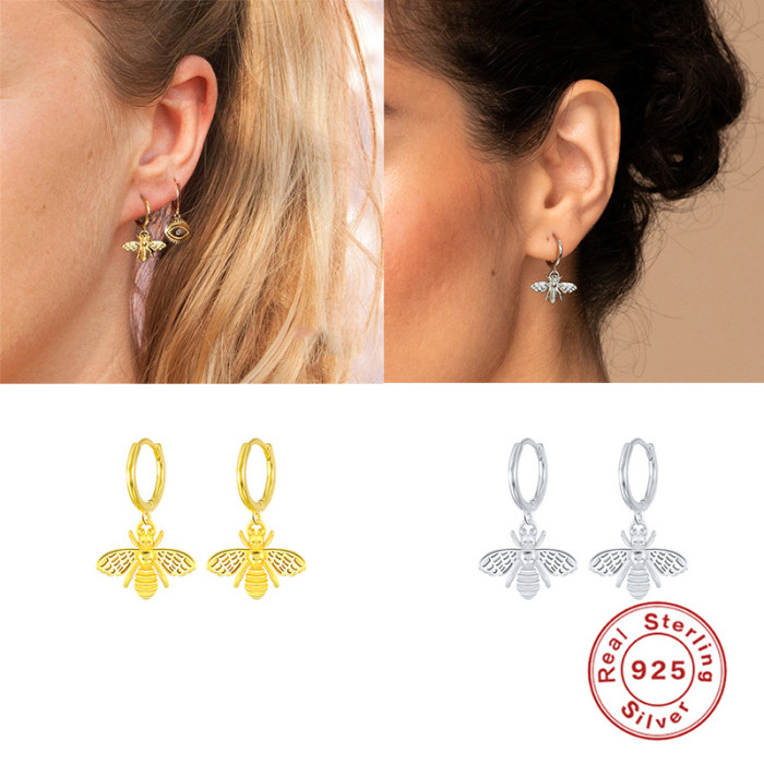 S925 Sterling Silver INS Style Insect Bee Earrings Cross-Border Creative Simple Personality Hoop Earrings Versatile Ear Jewelry