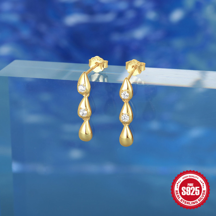S925 Sterling Silver Water Drop Tassel Inlaid Zircon Earrings French Style Elegant Personality Niche Earrings for Women