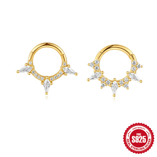 S925 Sterling Silver Body Piercing Cartilage Round Nose Ring Open Ring Piercing Rhombus Zircon Fashion Cochlear Earrings for Women