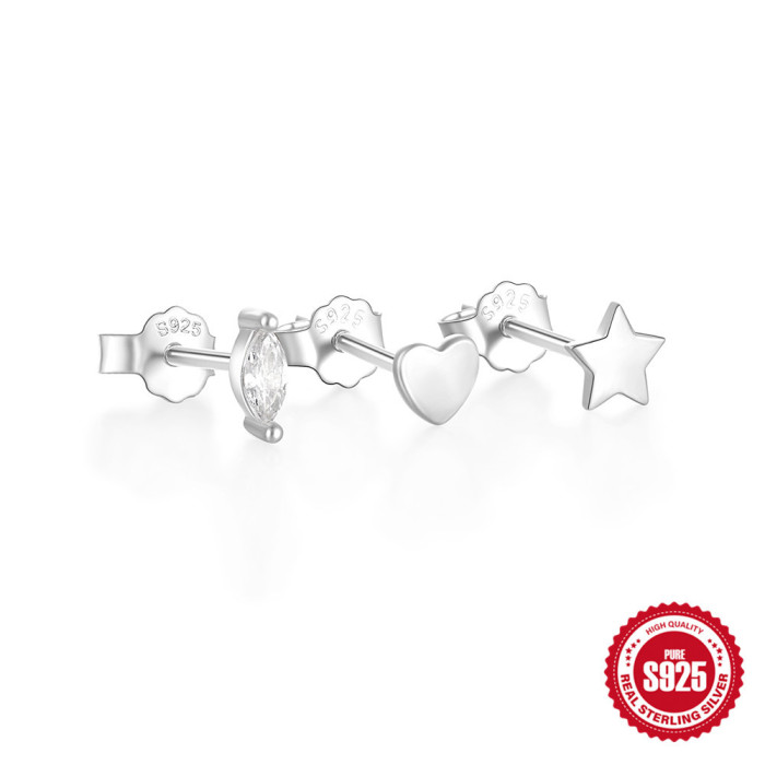 S925 Sterling Silver Heart Star Inlaid Diamond Set Earrings for Women, Internet Celebrity Hot-Selling, Elegant Niche Design Earrings