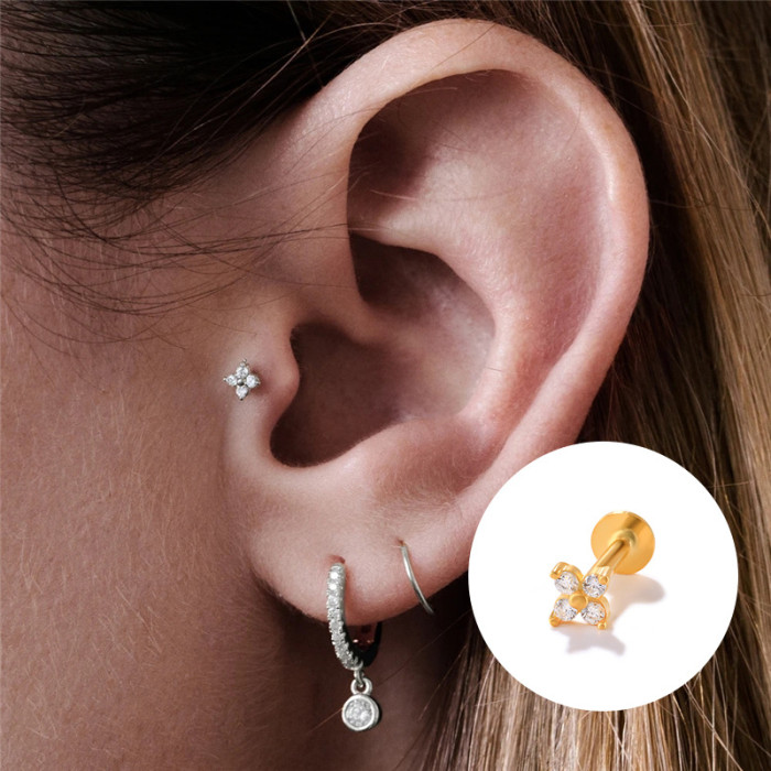 S925 Sterling Silver Snowflake Diamond-Studded Piercing Stud Earrings Ear Cuff Korean Style 16G Flat Head Threaded Piercing Cartilage Stud Earrings