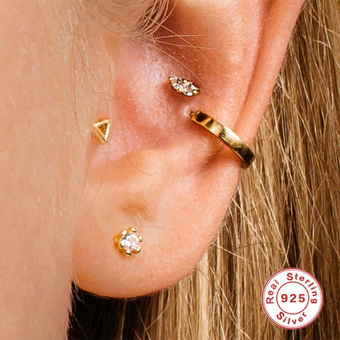 S925 Sterling Silver Two Diamond-Studded Flat Head Threaded Stud Earrings European and American Personality Trend Body Piercing Cartilage Stud Earrings