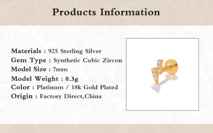 European and American Hot-Selling S925 Sterling Silver Lightning Diamond-Studded Piercing Jewelry Personality INS Flat Head Threaded Piercing Cartilage Earrings