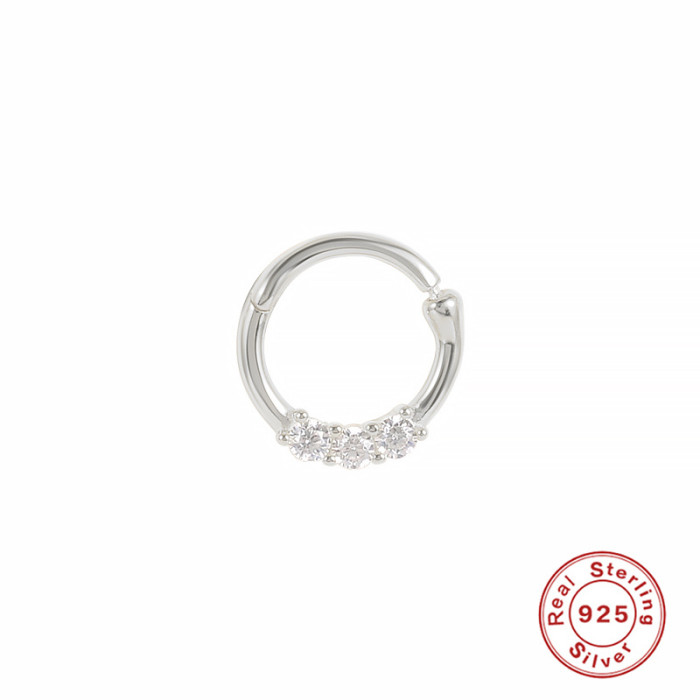 S925 Sterling Silver Single Nose Stud Nose Ring with Zircon Closed Hoop Earrings European and American Creative Style Threaded Piercing Ear Bone Stud