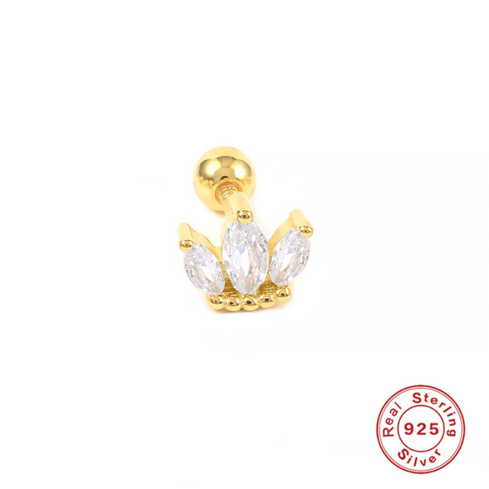 S925 Sterling Silver Small Crown Inlaid Diamond Threaded Piercing Single Earring Cross-Border Bestselling Trendy INS Ear Bone Stud