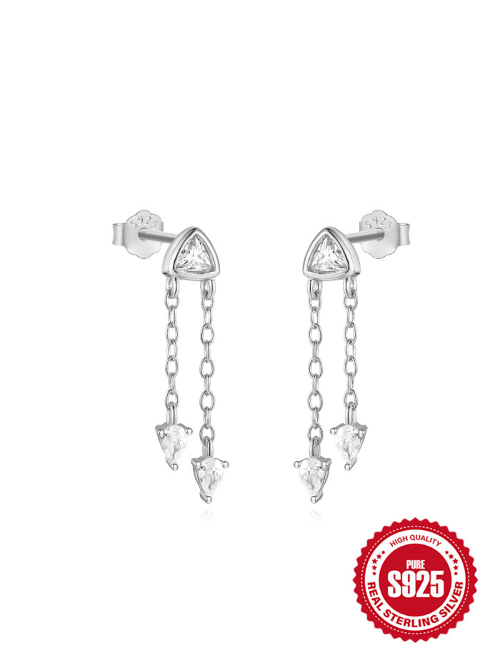 New S925 Sterling Silver Single Diamond Tassel Chain Back Hanging Earrings European and American Trendy Personality Minimalist Style Earrings