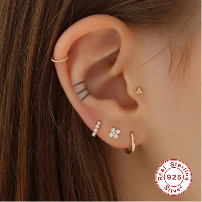S925 Sterling Silver 16G Flat Head Threaded Piercing Cartilage Earrings Personality INS Style Triple Round Bead Body Piercing Ear Jewelry