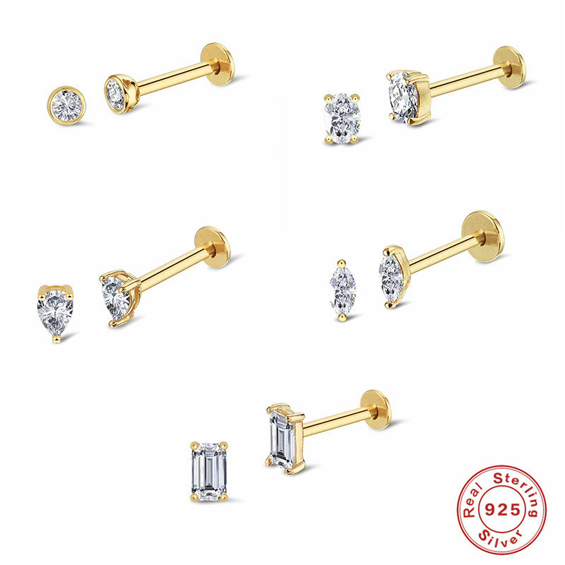 S925 Sterling Silver Diamond-Studded Body Piercing Flat Head Threaded Ear Bone Stud European American Korean Style Geometric Minimalist INS Earrings for Women