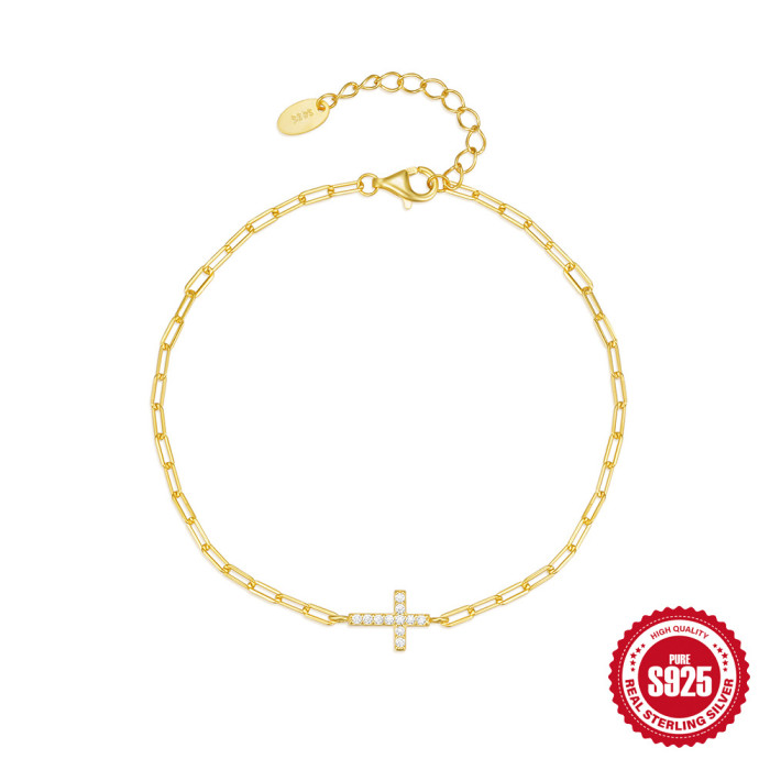 New S925 Sterling Silver Paperclip Zircon Cross Bracelet Korean Style Hot-Selling Niche Design Inlaid Diamond Light Luxury Jewelry