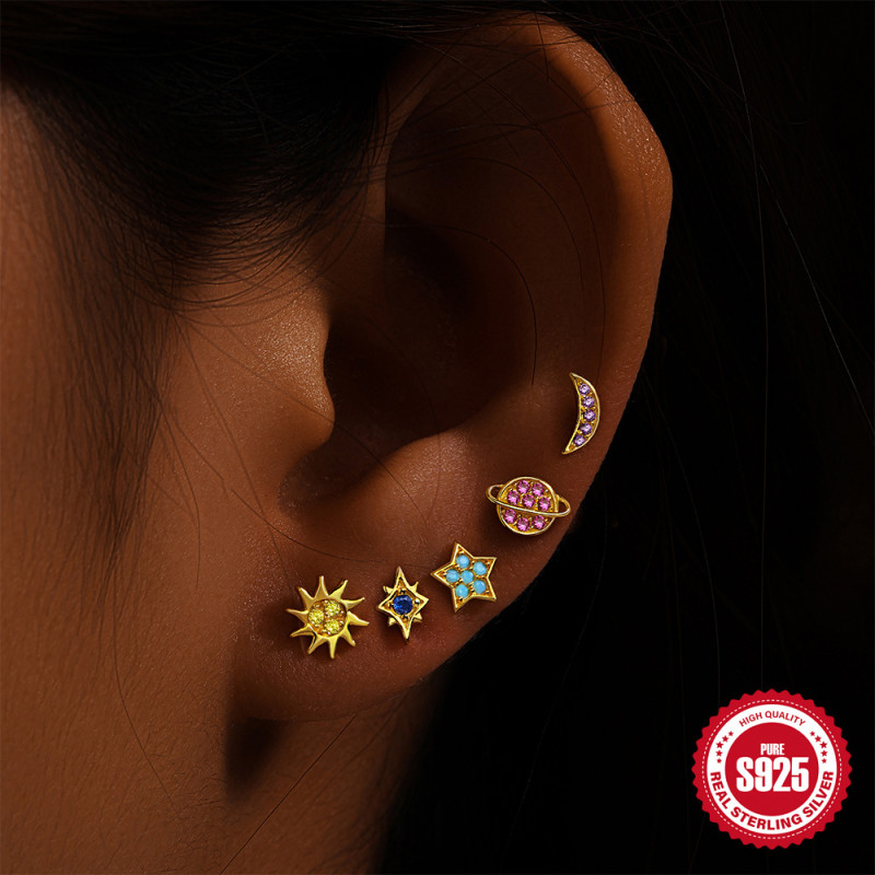925 Sterling Silver Star Moon Colorful Inlaid Diamond Planet Set Earrings Jewelry European and American Hot Selling INS Versatile Earrings for Women