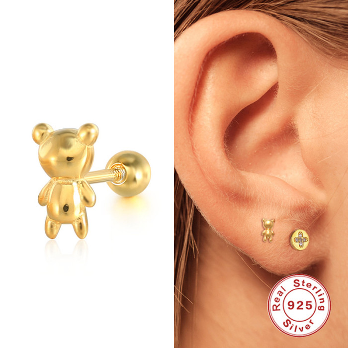 S925 Sterling Silver Teddy Bear Stick Barbell Ear Piercing Spiral Soft Ear Bone Stud European and American Hot Selling INS Ear Cartilage Earrings