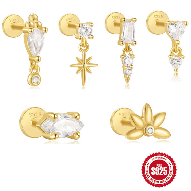925 Sterling Silver Star Inlaid Tassel Soft Bone Spiral Piercing Earrings European and American Cross-Border Hot Selling INS Diamond Inlaid Ear Bone Studs