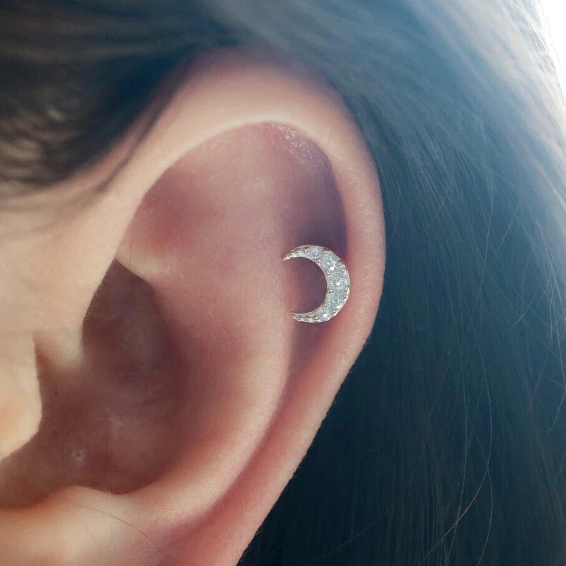 S925 Sterling Silver Moon Inlaid Diamond Threaded Piercing Single Earring Earrings Cross-Border Bestselling Simple Minimalist Style Ear Bone Stud