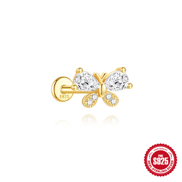 S925 Sterling Silver Irregular Butterfly Crown Inlaid Diamond Flat Head Threaded Piercing Ear Bone Stud European and American Hot Selling Elegant Earrings