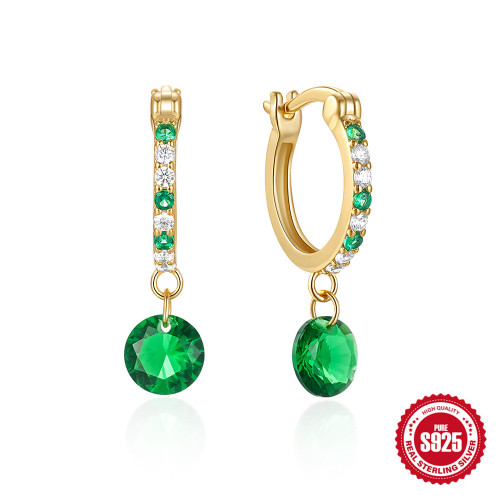 S925 Sterling Silver Super Sparkling Diamond-Encrusted Emerald Gemstone Hoop Earrings Ear Clips European and American Hot-Selling Elegant Colorful Earrings for Women