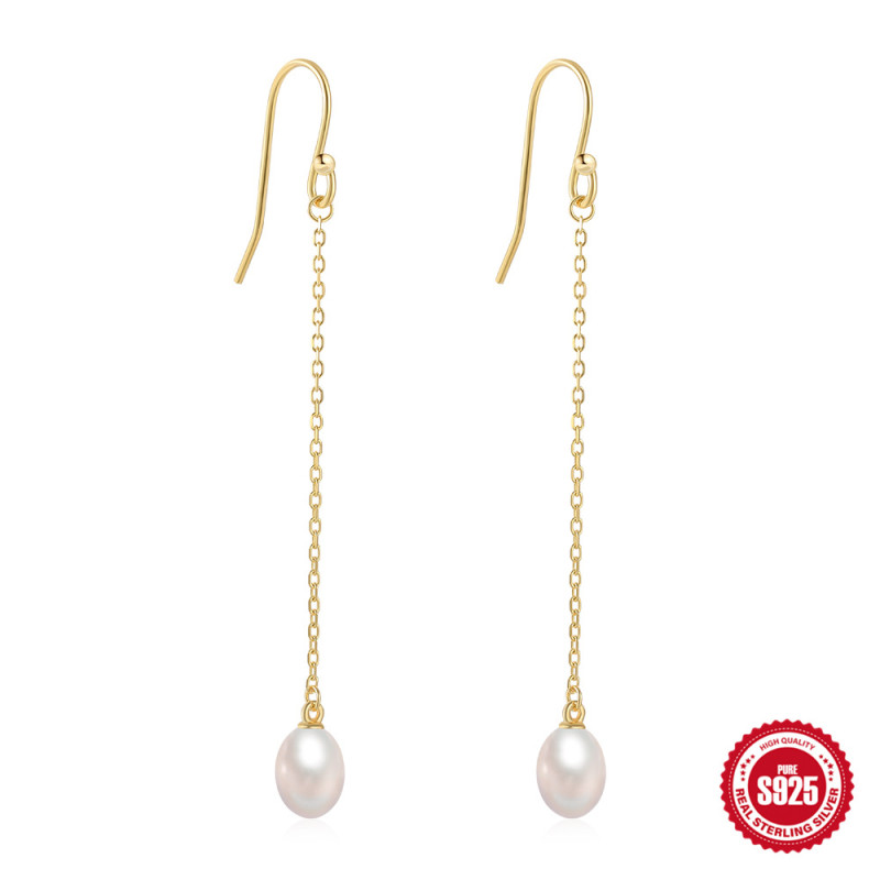 S925 Sterling Silver Tassel Chain Pearl Earrings European and American Fashion Ins Style Women's Classic Earrings Studs