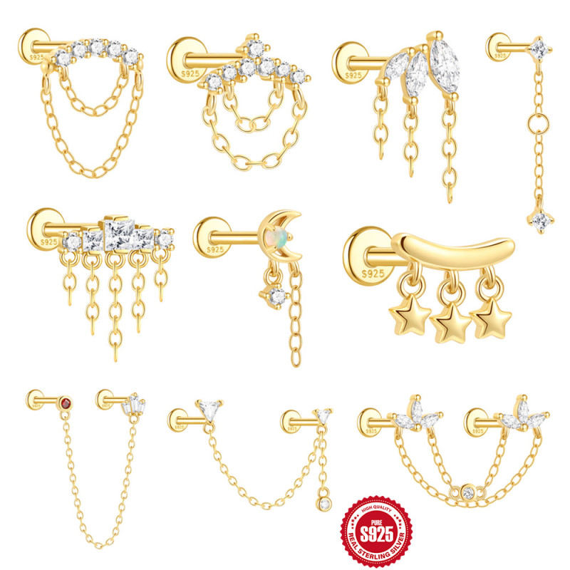 S925 Sterling Silver Single Row Diamond-Studded Tassel Double-Layer Tassel Flat Head Threaded Piercing Ear Bone Stud European and American Personality Ear Jewelry