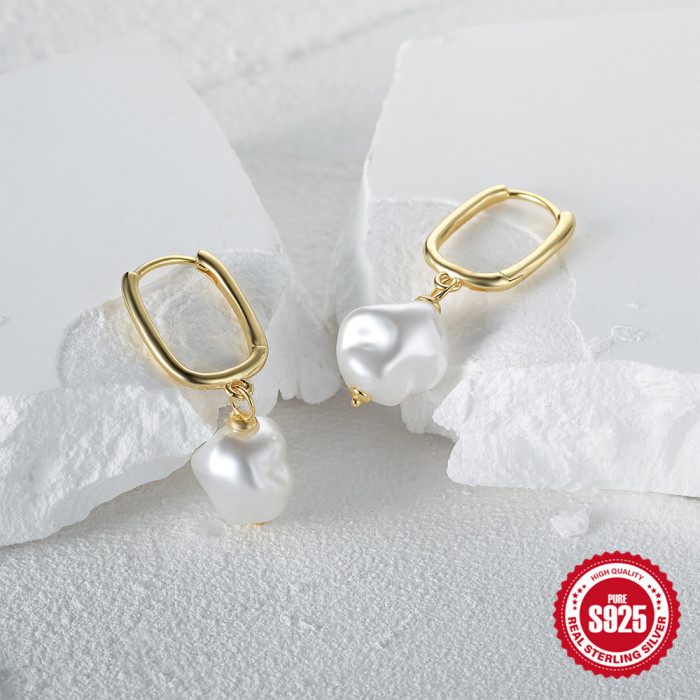 S925 Sterling Silver U-Shaped Irregular Pearl Hoop Earrings European and American Hot-Selling Retro Simple INS Versatile Earrings for Women