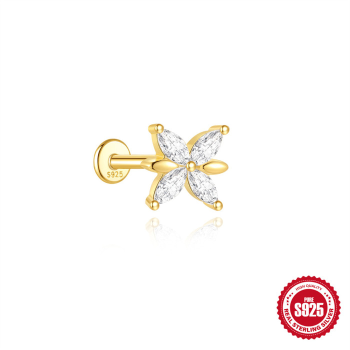 S925 Sterling Silver Pearl Butterfly Soft Bone Flat Head Spiral Piercing Ear Bone Stud European and American Hot Selling Geometric Diamond-Encrusted Ear Jewelry