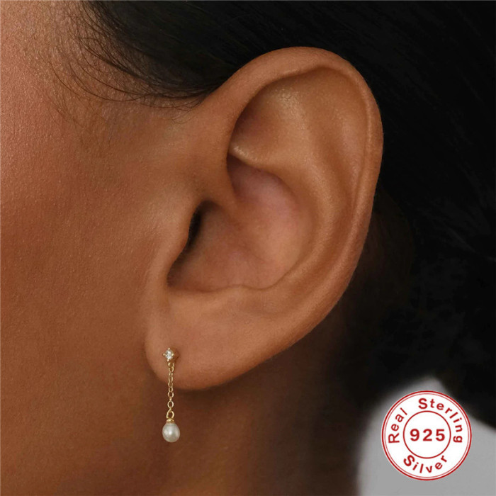 S925 Sterling Silver Tassel Inlaid Diamond Elegant Pearl Stud Earrings Drop Earrings Korean Version INS Minimalist Niche Earrings Ear Thread