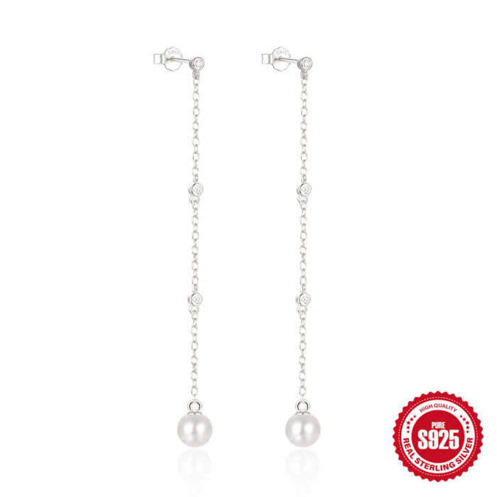 S925 Sterling Silver Inlaid Diamond Chain Tassel Pearl Earrings Stud Earrings Korean and Japanese Style Elegant Niche High-end Fashion Earrings