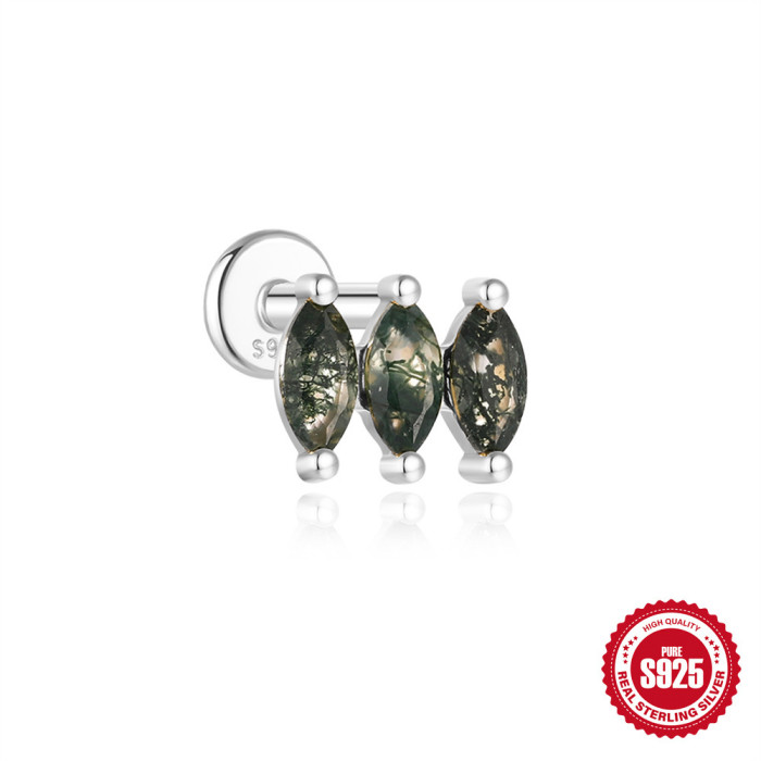 S925 Sterling Silver Horse Eye Natural Water Grass Agate Ear Bone Stud European and American Hot Selling Flat Head Threaded Piercing Platinum Ear Jewelry