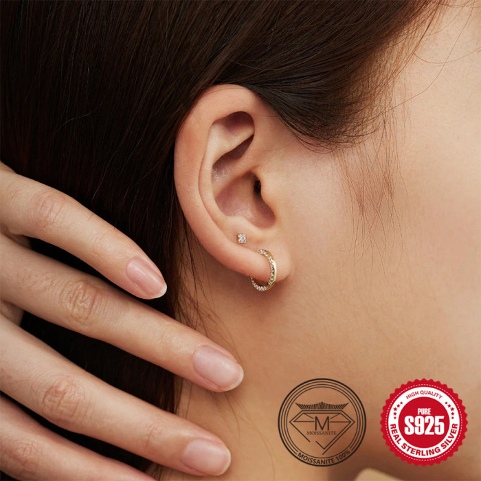 S925 Sterling Silver Earrings Ear Clips Fashion Simple Ins Style Single Row Inlaid Diamond Hoop Moissanite Sterling S...