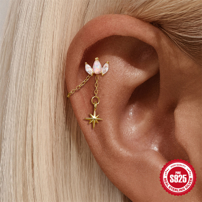 New S925 Sterling Silver Five-Pointed Star Diamond-Studded Pendant Earrings Long Chain Cartilage Chain Piercing Earrings with Chain Accessories