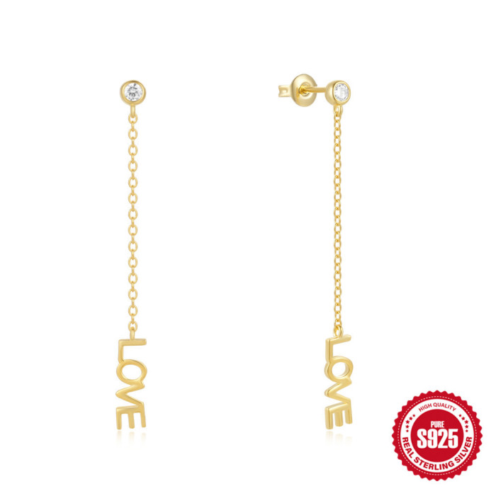S925 Sterling Silver Butterfly Opal Inlaid Diamond Tassel Chain Earrings Letter Earrings Korean and Japanese Style Internet Celebrity Same Style Elegant Earrings