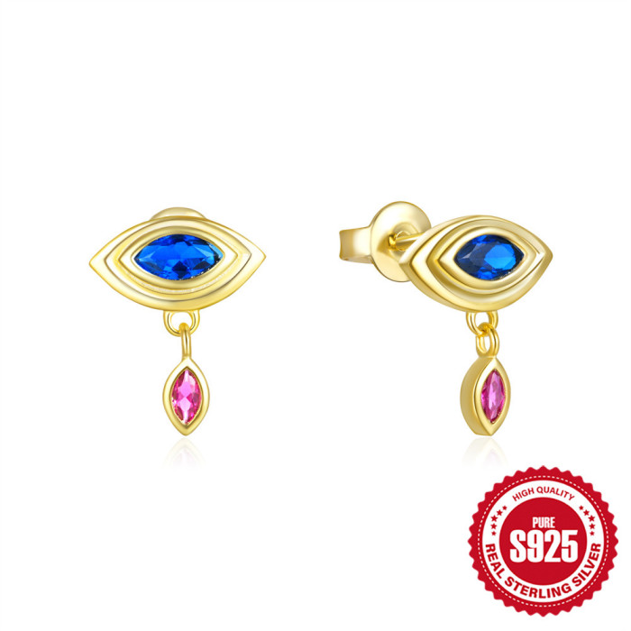 S925 Sterling Silver Devil's Eye Stud Earrings with Colored Stone Pendant, Popular in Europe and America, Unique IN...