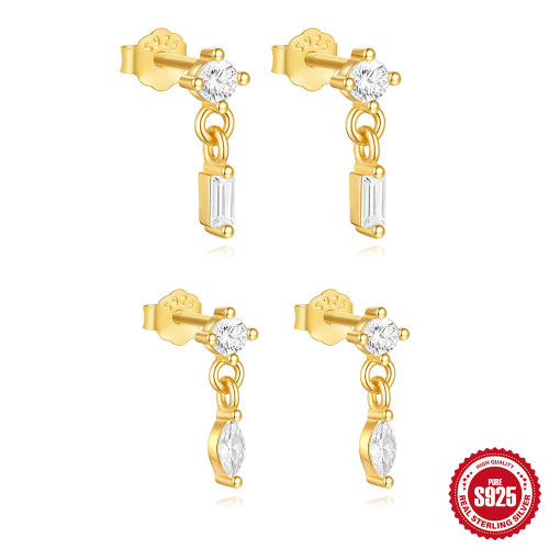 S925 Sterling Silver Minimalist Inlaid Diamond Versatile Rectangular Tassel Earrings European and American Cross-Border Hot-Selling Water Drop Earrings Jewelry